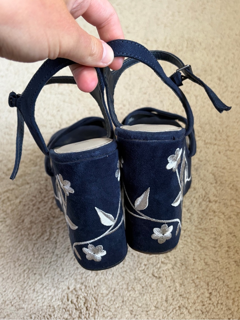 Navy Floral Embroidered Wedge Sandals - Picture 5 of 7